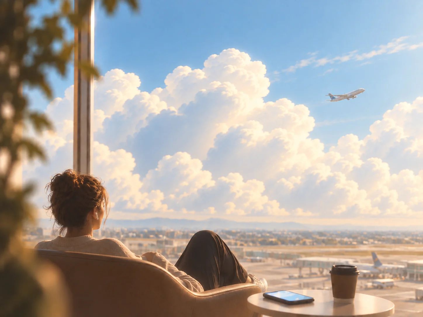 A traveller looking across a sunlit airport terrace